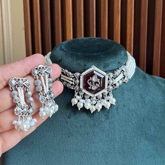 Pearl Stone Choker Necklace Set