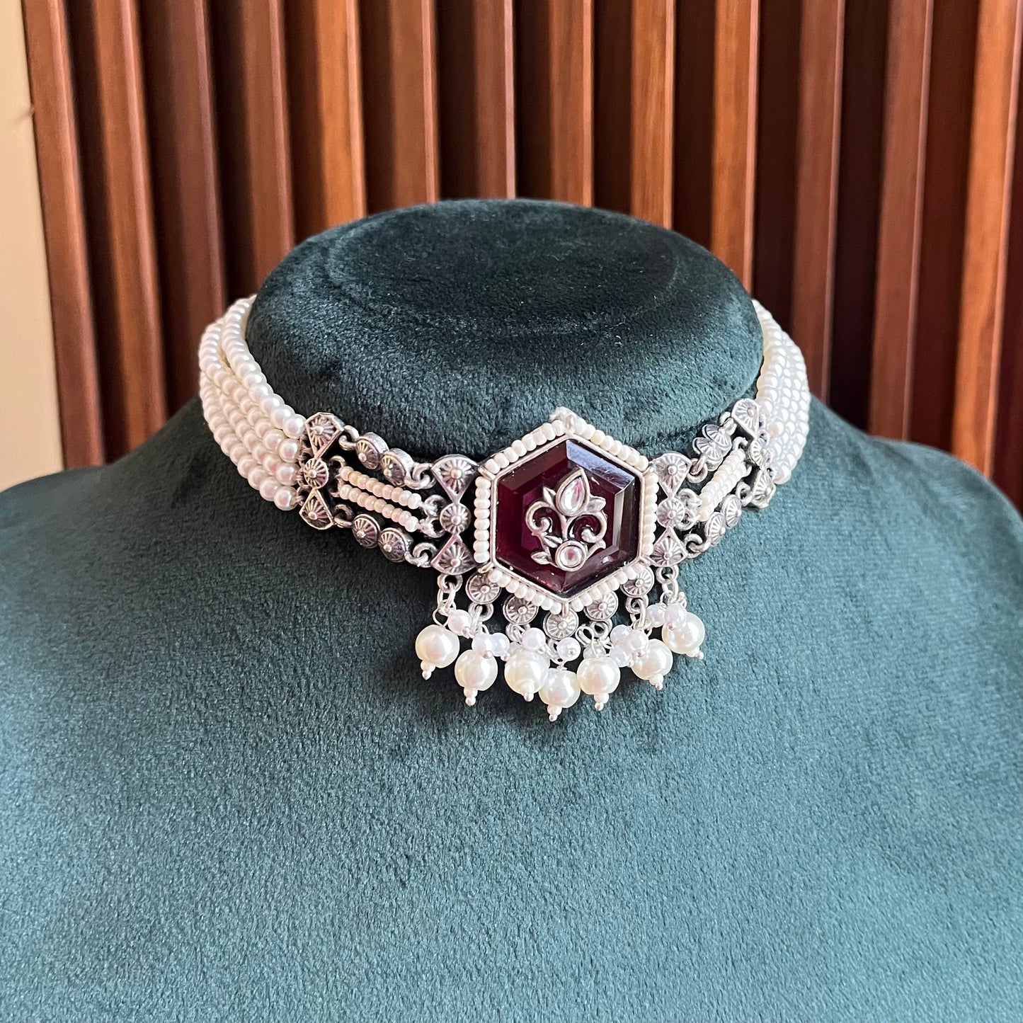 Pearl Stone Choker Necklace Set