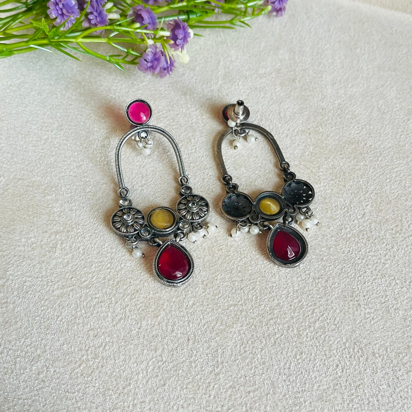 Ruby Pink & Yellow Stone Drop Earrings