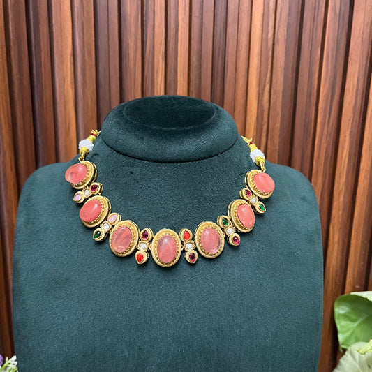 Peach Stone Choker Necklace Set