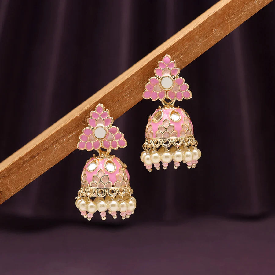Pink Mirror & Pearl Beads Earrings