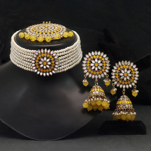 Yellow Kundan Mirror Choker Set without Maang Tikka
