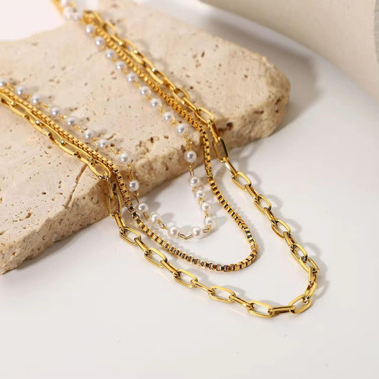Luxe Pearl & Gold 3 Layered Necklace