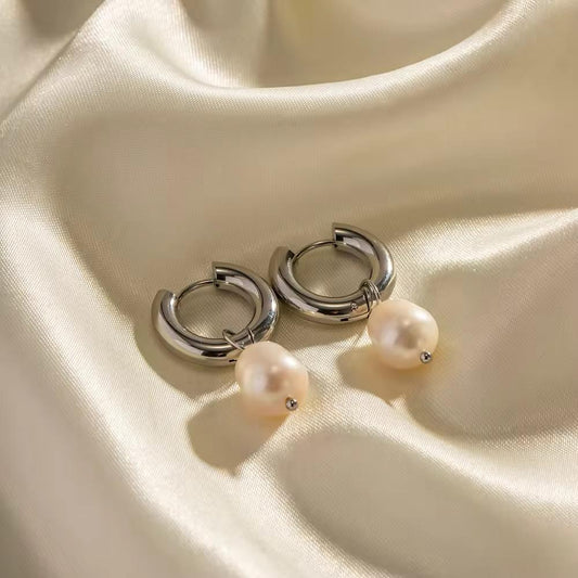 Luxe Pearl Silver Hoop Earrings