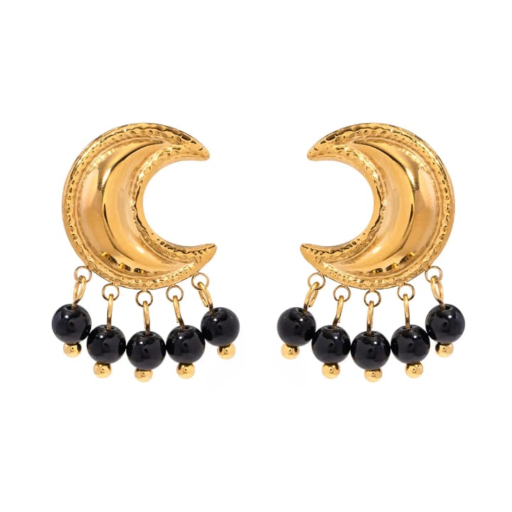 Black Beads Crescent Studs Earrings