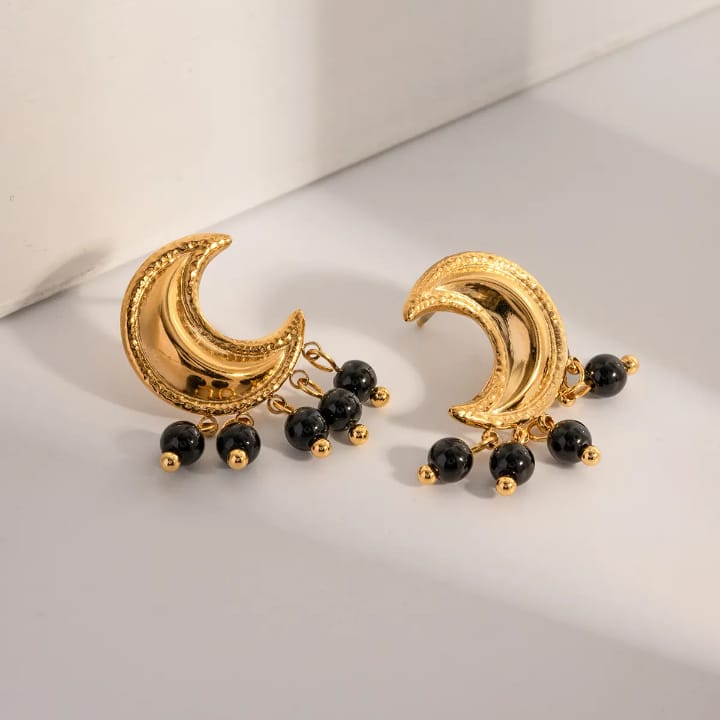 Black Beads Crescent Studs Earrings