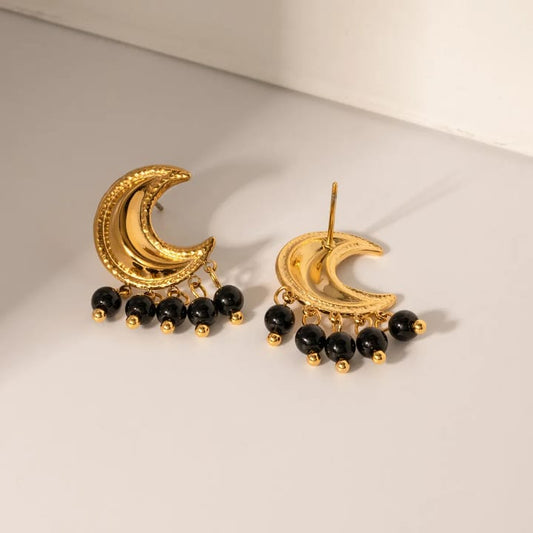 Black Beads Crescent Studs Earrings