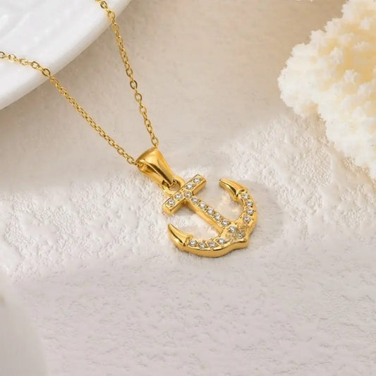 18k Gold Anchor Zircon Necklace