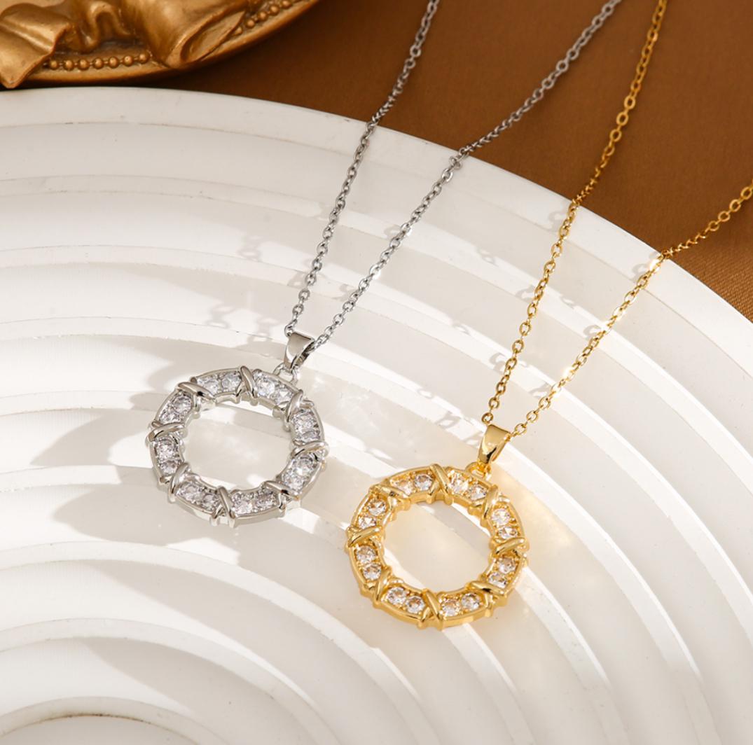 Gold AD Studded Ring Pendant Necklace
