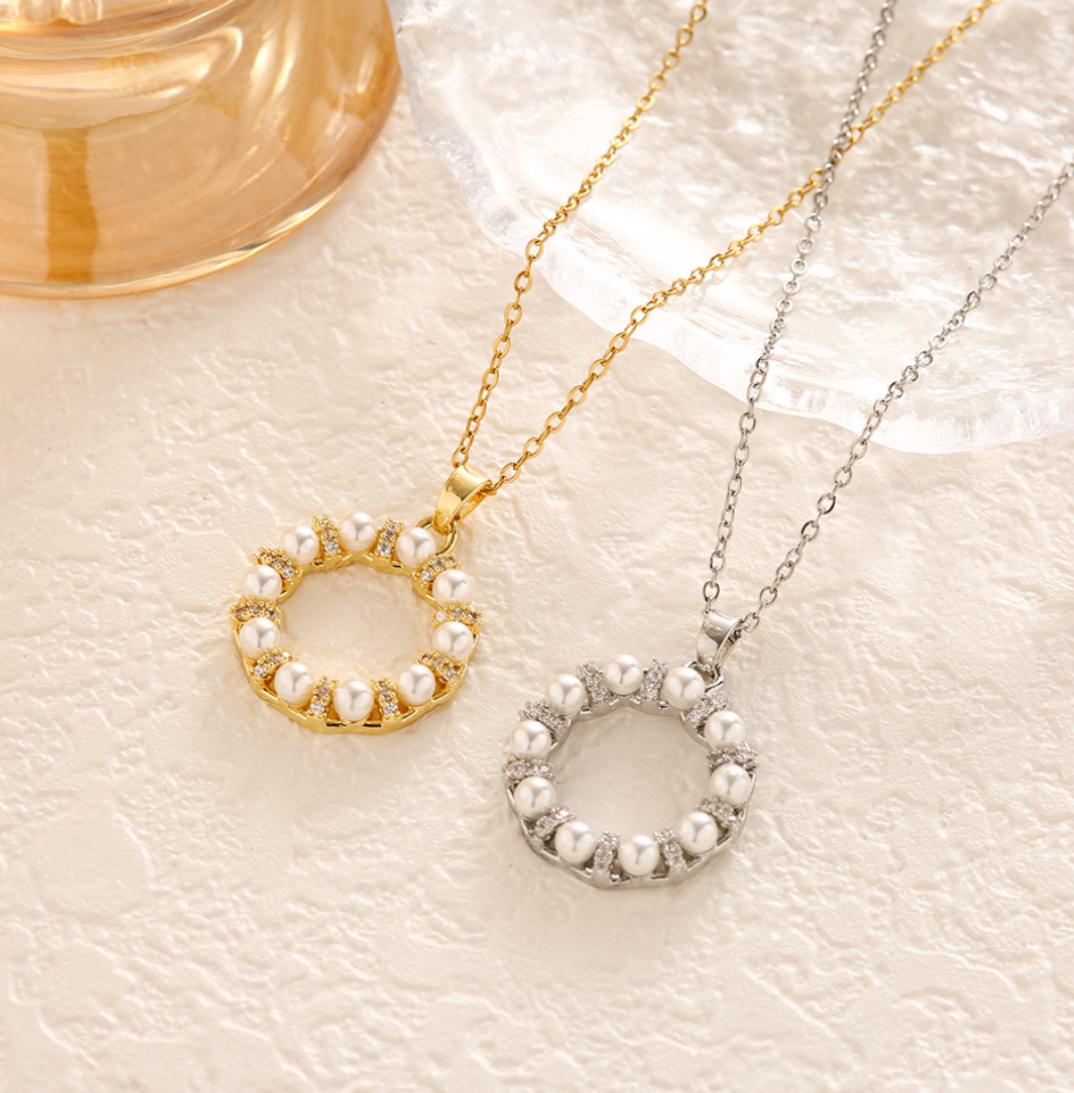 Gold Pearl Studded Ring Pendant Necklace