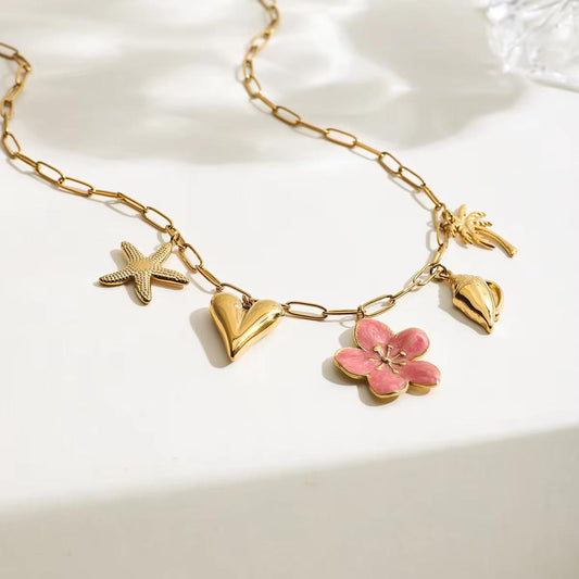 Pink Flower Gold Charms Chain Necklace
