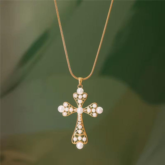 Pearl Cross Pendant Chain Necklace