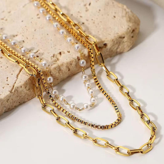 Gold & Pearl Layered Chain Necklace