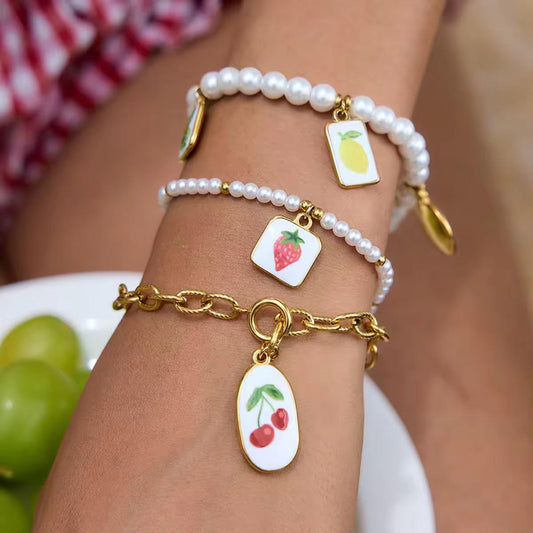 White Cherry Charm Chain Bracelet