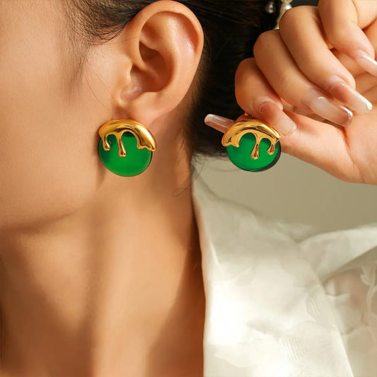 Green Stone Melting Studs Earrings