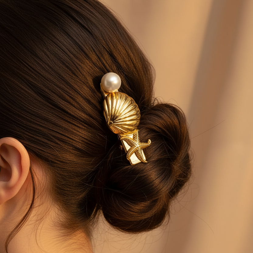 Star Shell Pearl Gold Hair Pin
