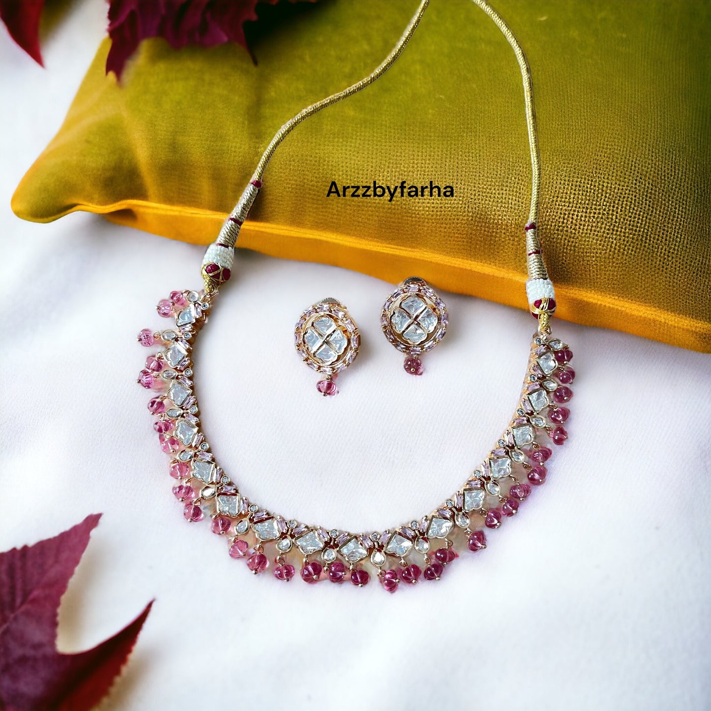 Moissanite Diamond with Pink Beads Necklace Set