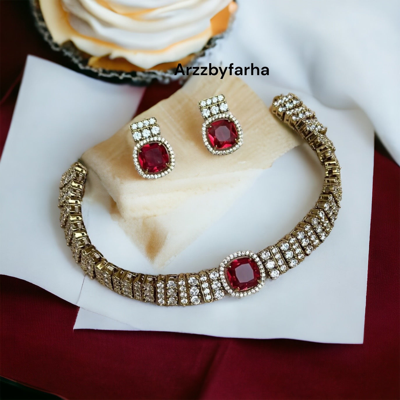 Zircon Red Stone Choker Necklace Set