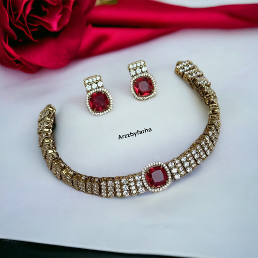 Zircon Red Stone Choker Necklace Set