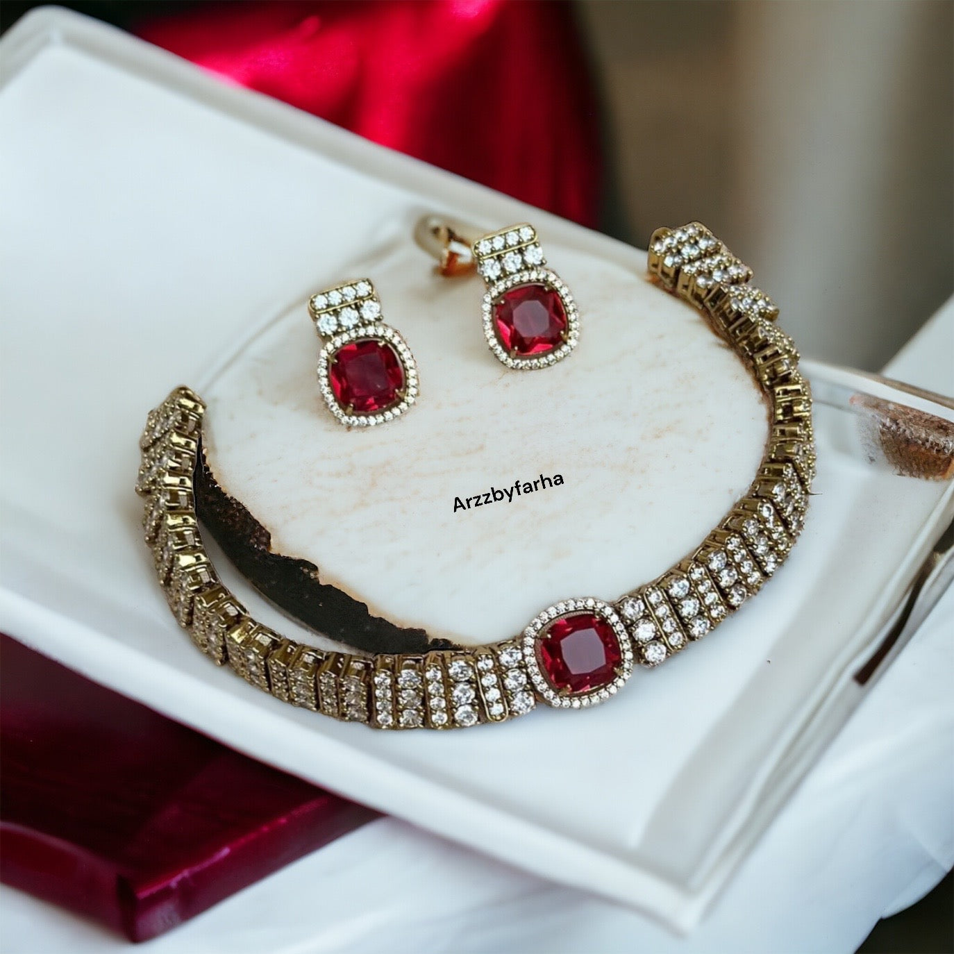 Zircon Red Stone Choker Necklace Set