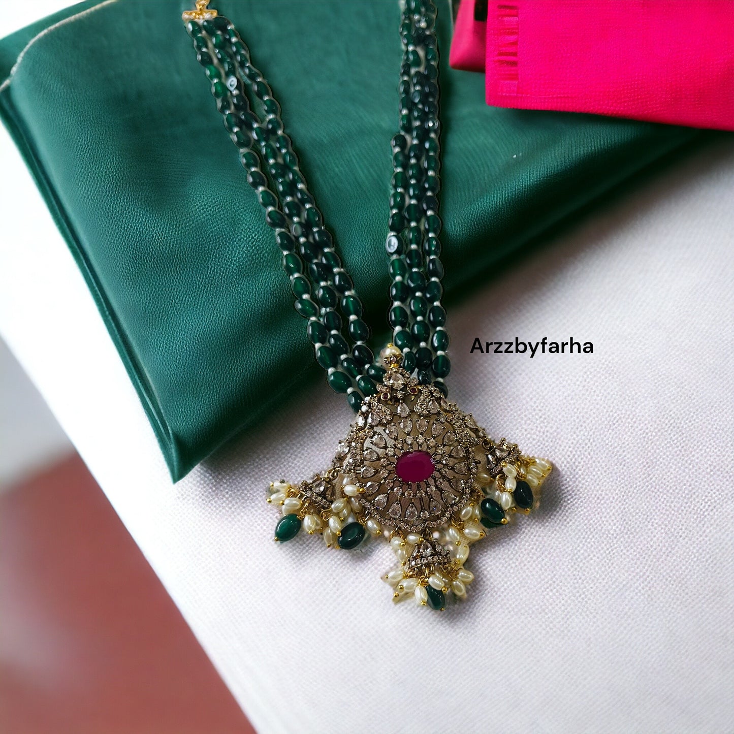 Green Beads Mala with Victorian Pendant Necklace