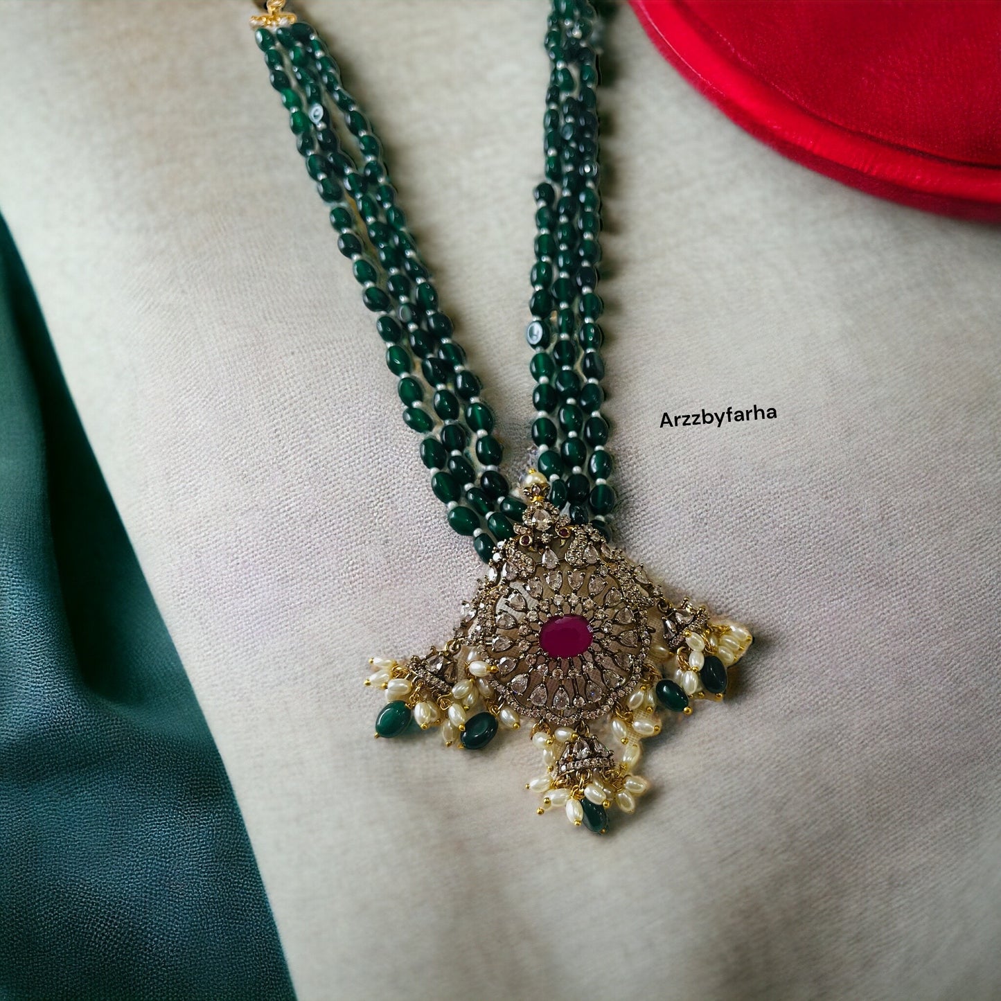 Green Beads Mala with Victorian Pendant Necklace