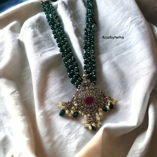 Green Beads Mala with Victorian Pendant Necklace