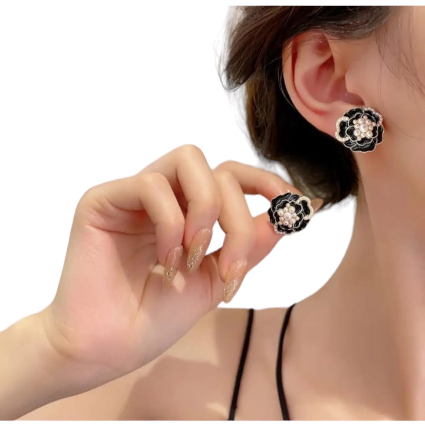 Black Flower Pearl Studs Earring