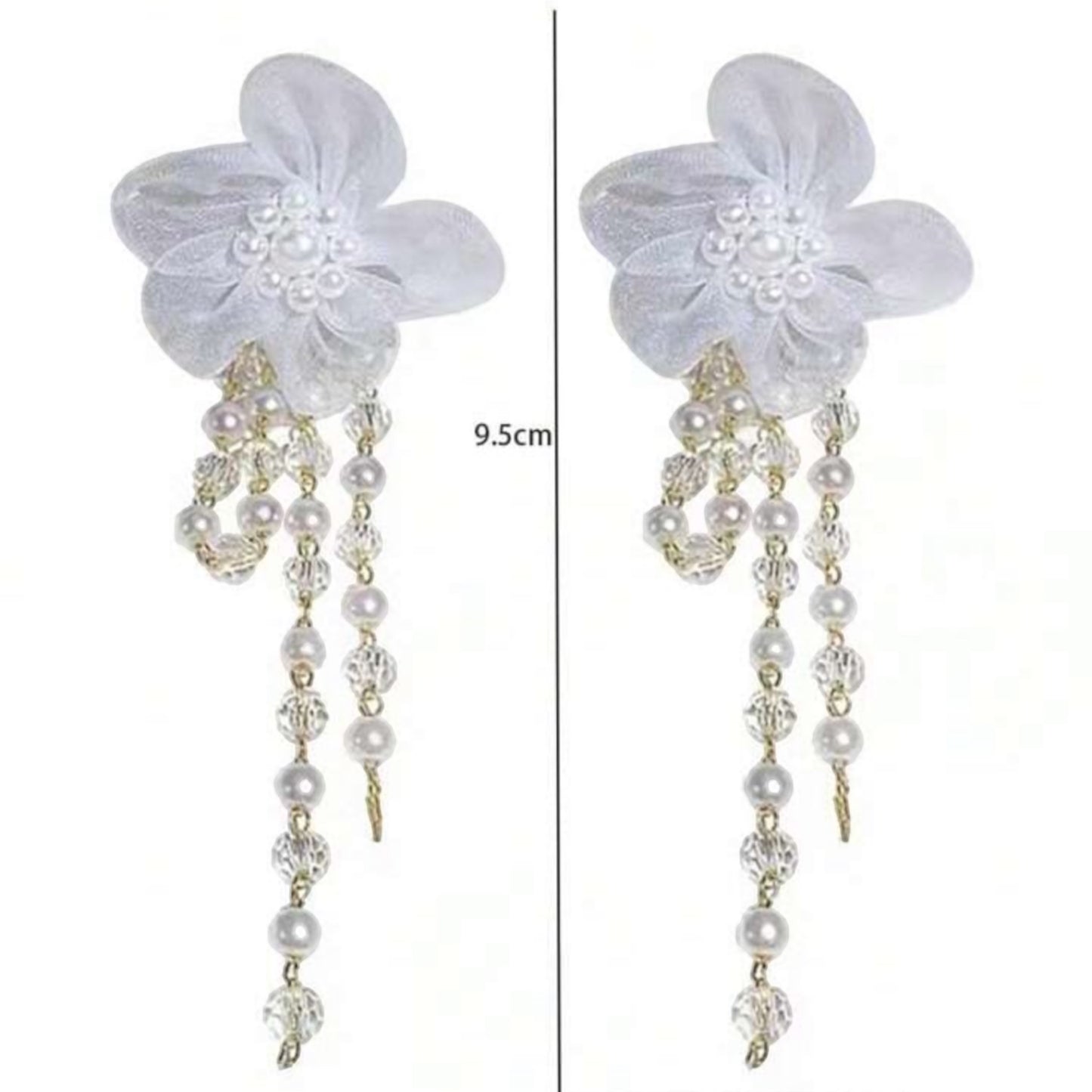 Mesh Fabric Flower with Pearl Tassel Earring