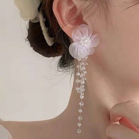 Mesh Fabric Flower with Pearl Tassel Earring