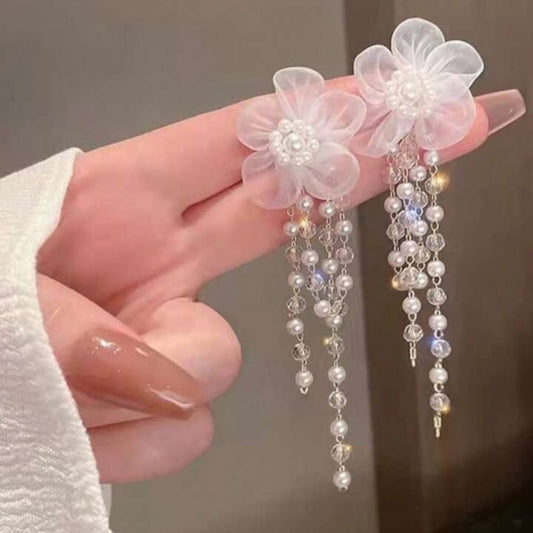 Mesh Fabric Flower with Pearl Tassel Earring