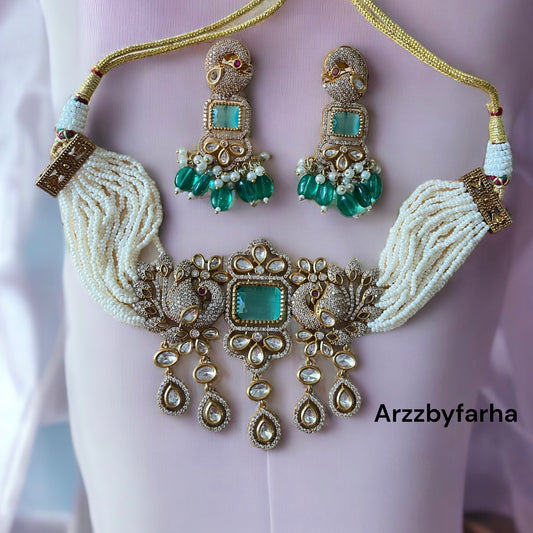 Peacock Sea Green Beaded Choker Set