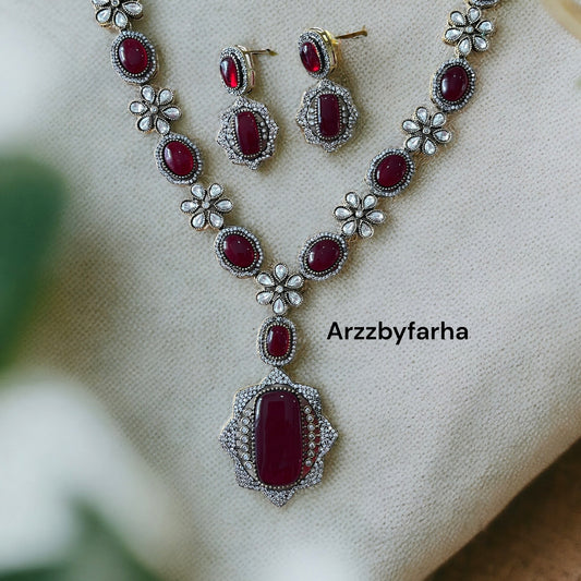 Maroon Stone Zircon Studded Necklace Set
