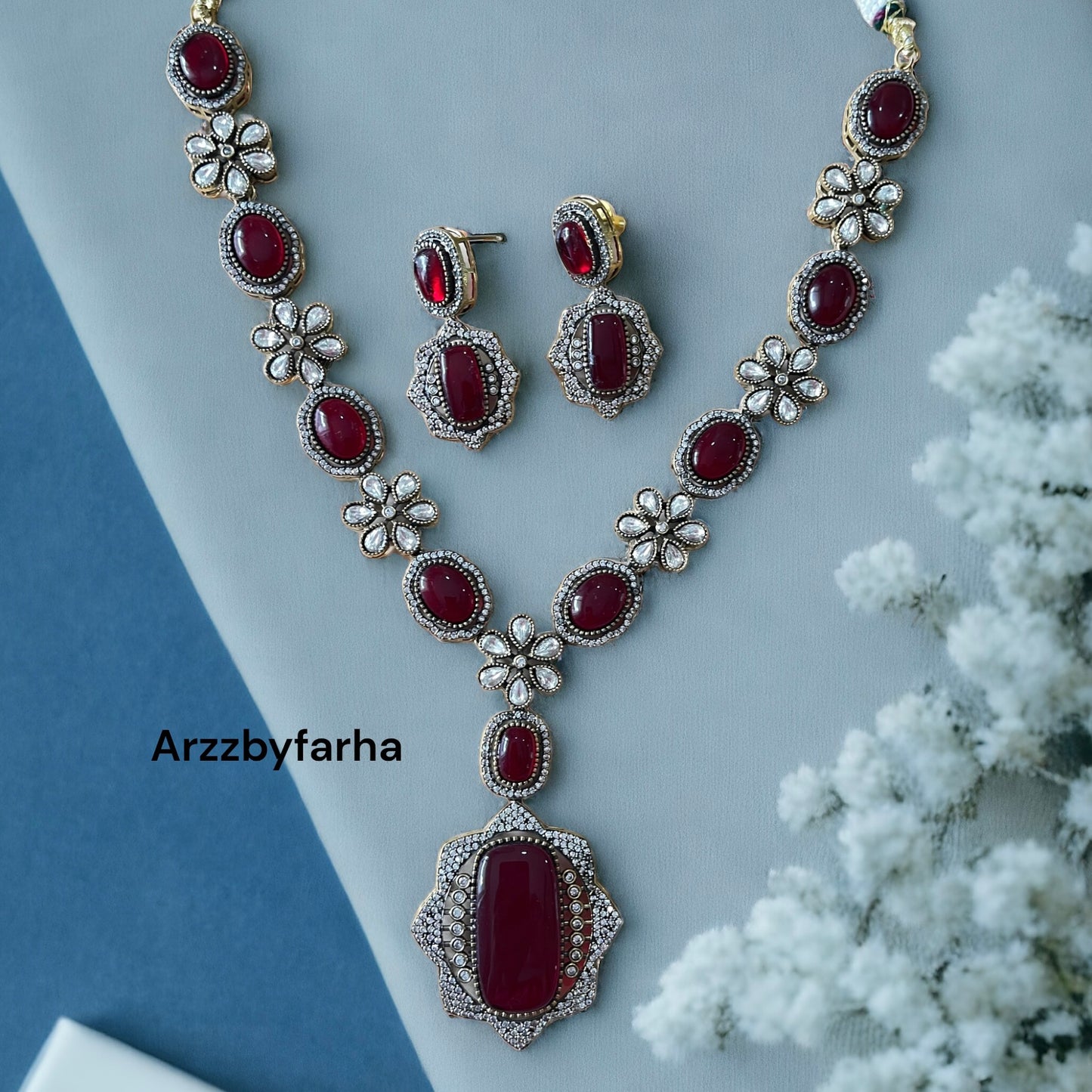 Maroon Stone Zircon Studded Necklace Set