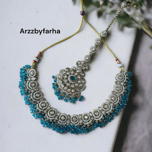 Kundan Aqua Green Beaded Choker Set