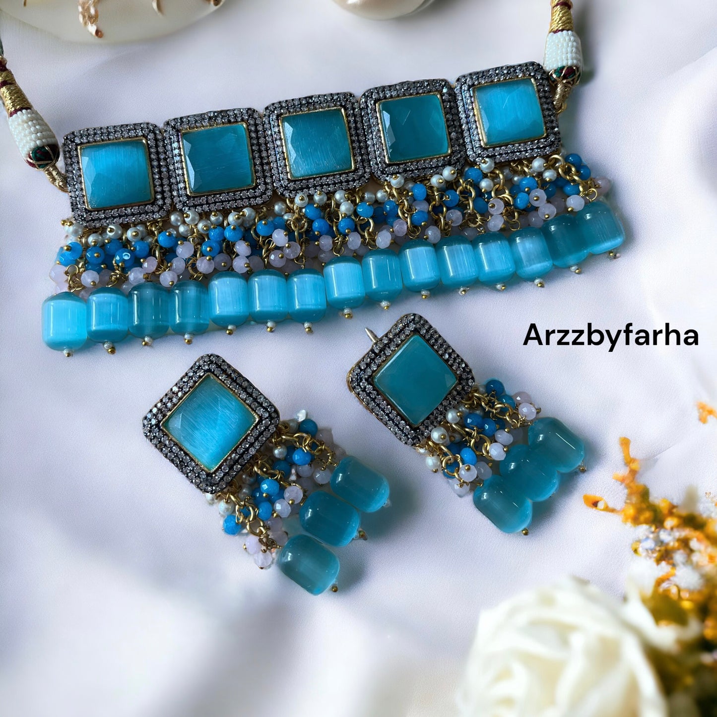 Blue Glass Beaded Choker Set