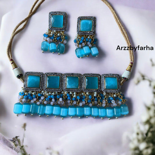 Blue Glass Beaded Choker Set