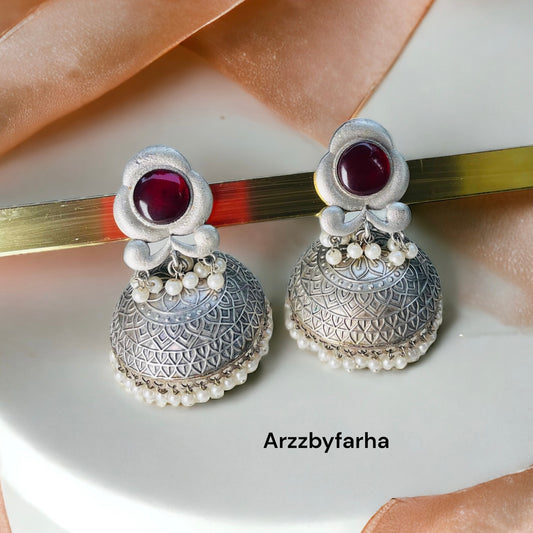 Maroon Oxidised Silver Jhumka