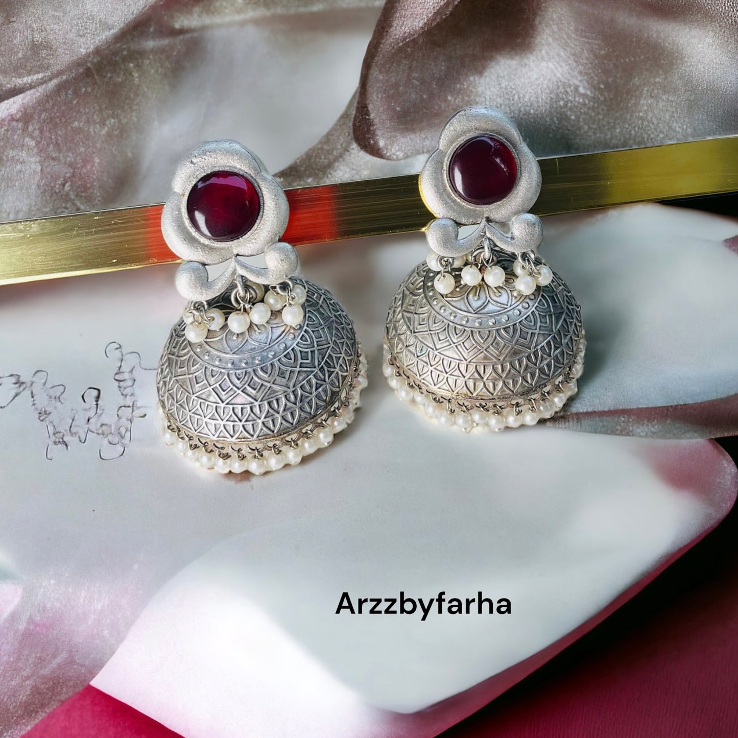 Maroon Oxidised Silver Jhumka