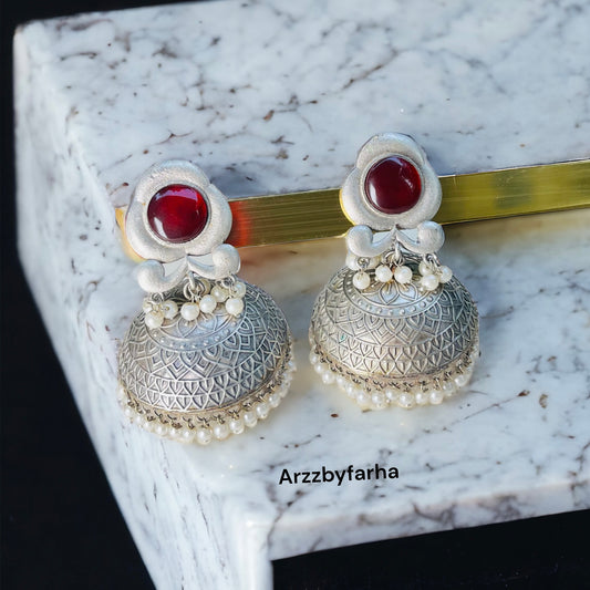 Maroon Oxidised Silver Jhumka