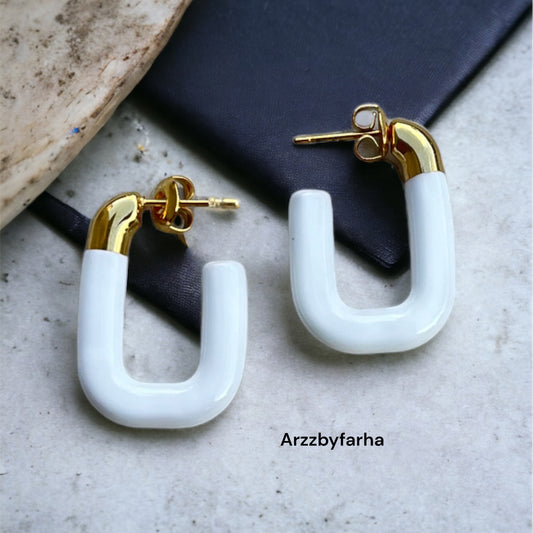 U Shaped White Hoop Earrings