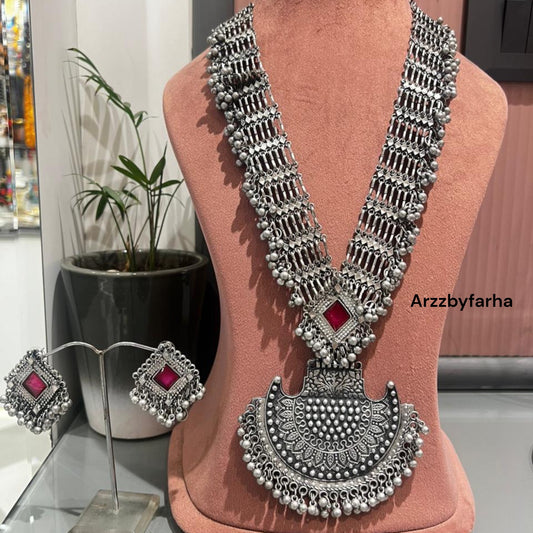 Oxidised Red Afgani Long Necklace Set