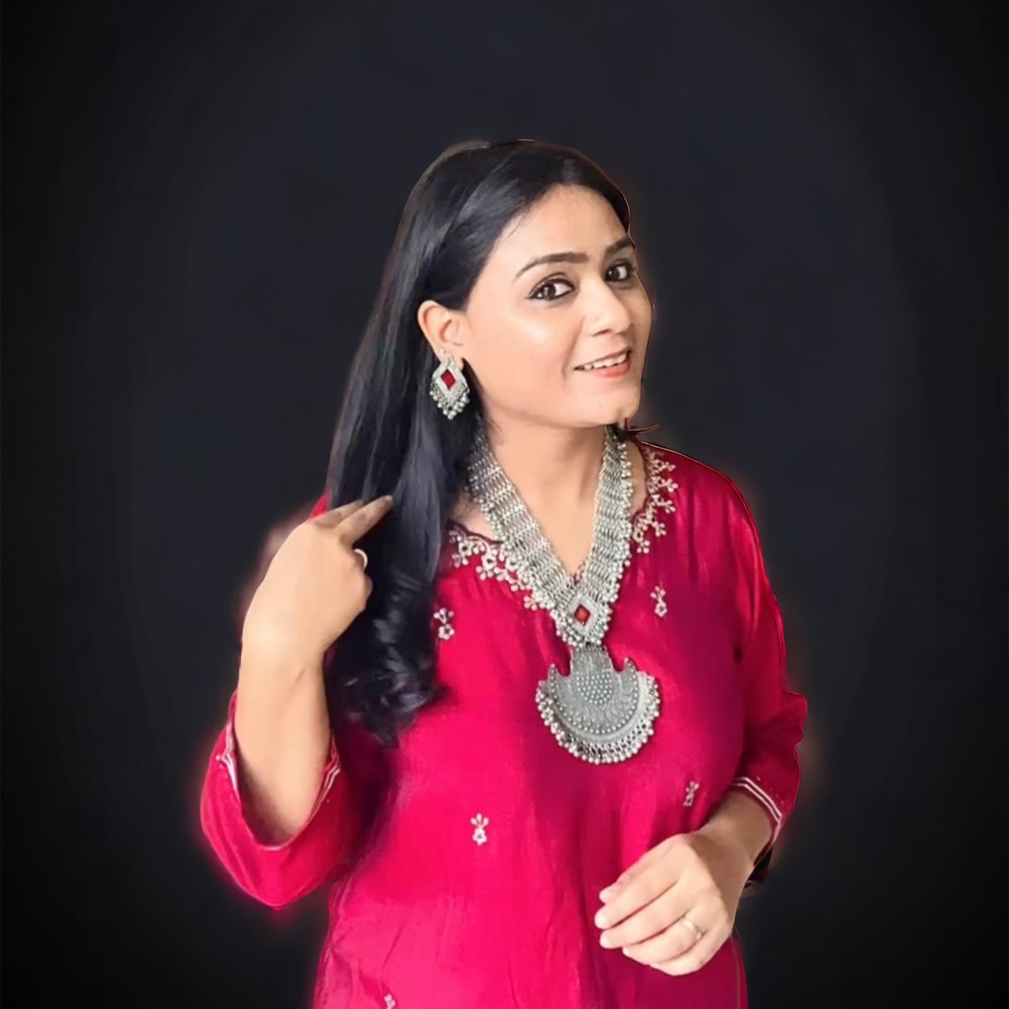 Oxidised Red Afgani Long Necklace Set