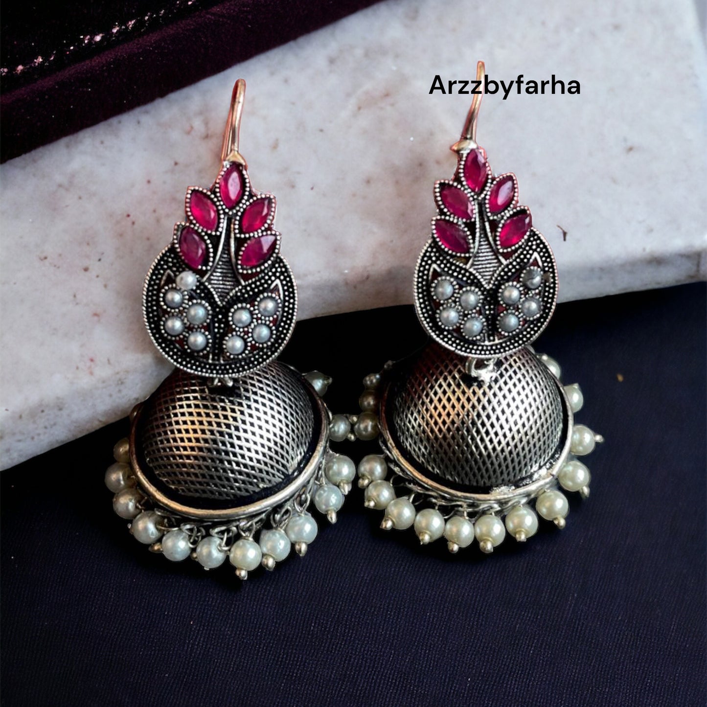 Ruby Pink Oxidised Jhumka Earrings