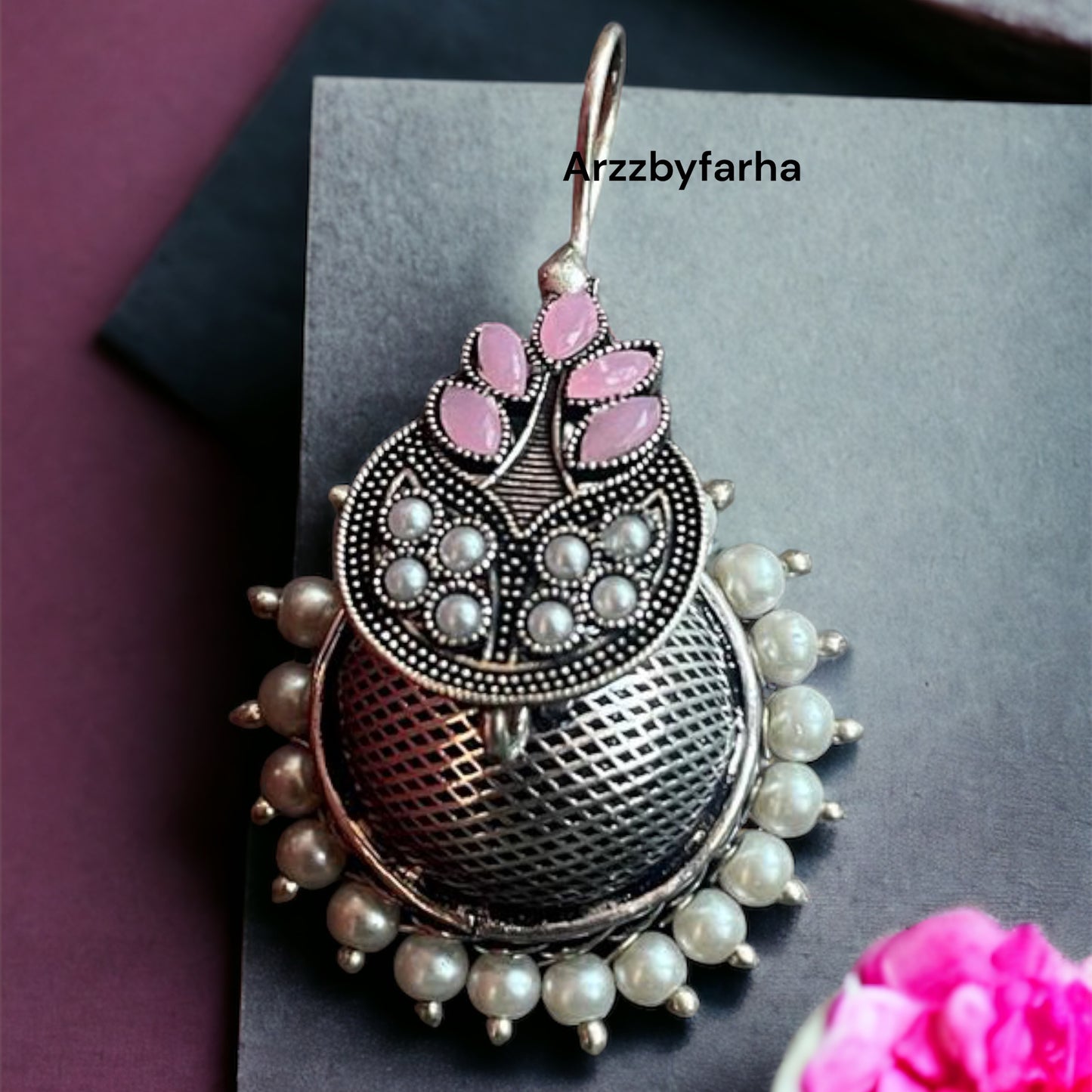 Pink Oxidised Jhumka Earrings