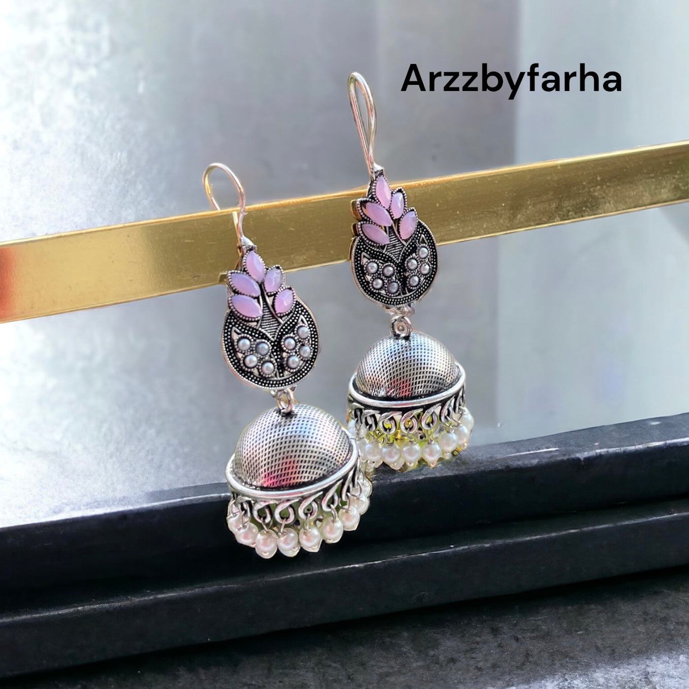 Pink Oxidised Jhumka Earrings