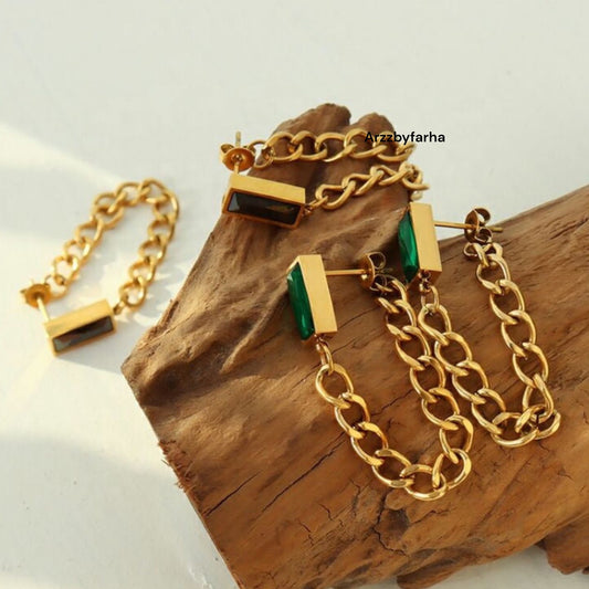 Luxe Green Stone Chain Hanging Earrings
