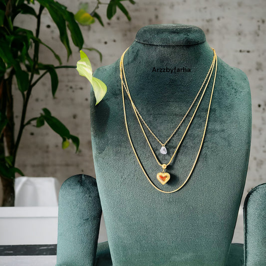 3 Layered Gold & Stone Heart Necklace