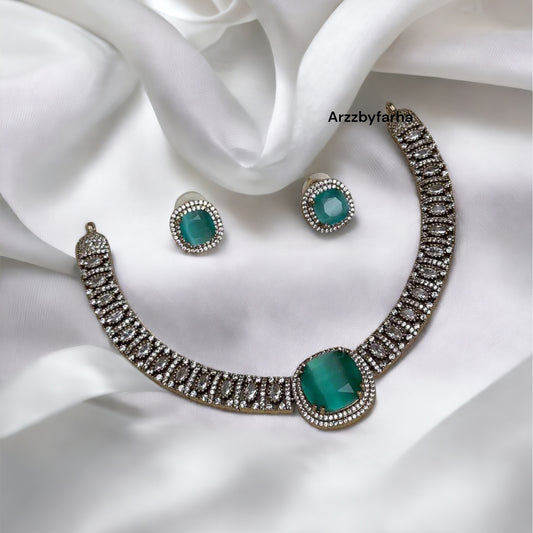 Sea Green Stone Moissanite Necklace Set