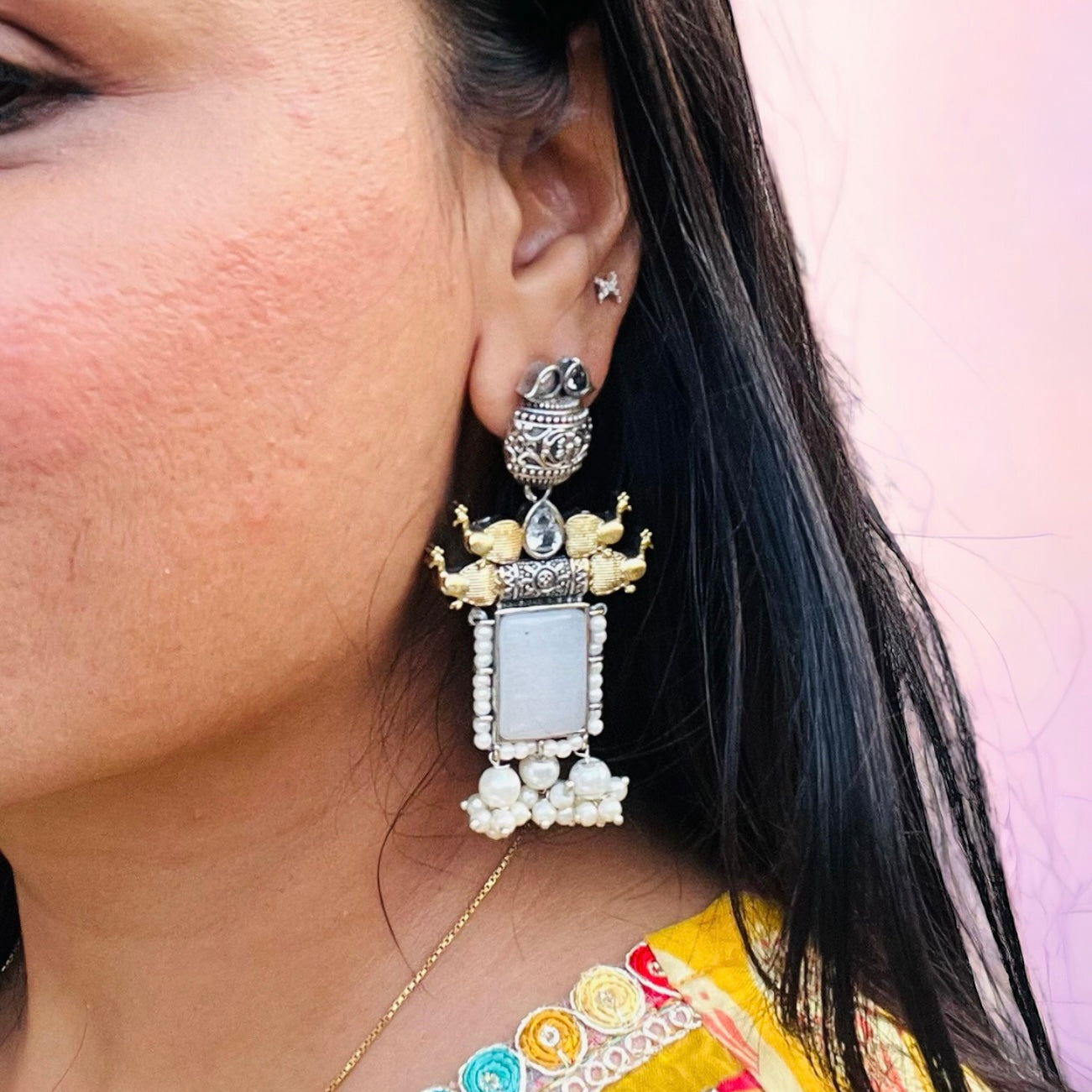 Dual Tone White Stone Earrings
